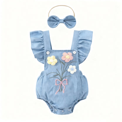 Barboteuse Denim Bébé Fille Fleurie 3D + Bandeau – Set 2 Pièces