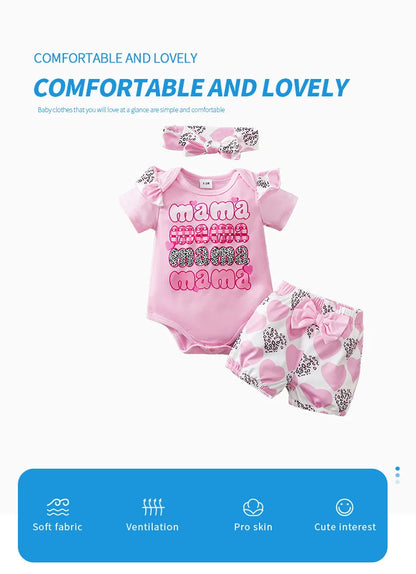 Ensemble bébé 3 pièces manches courtes – Spécial Fête des Mères, rose à cœurs