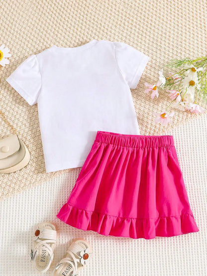 2-piece girls spring/summer fashion cute outdoor casual clothing white knit round neck Daisy print T-shirt + green pleated skirt