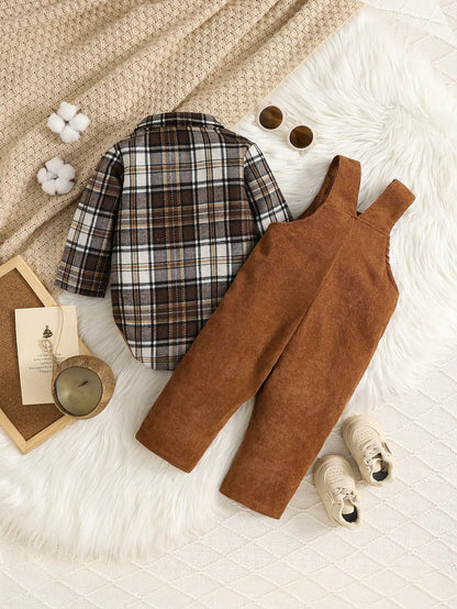 Ensemble Bébé Automne-Hiver en Velours Côtelé – Chemise à Manches Longues & Salopette
