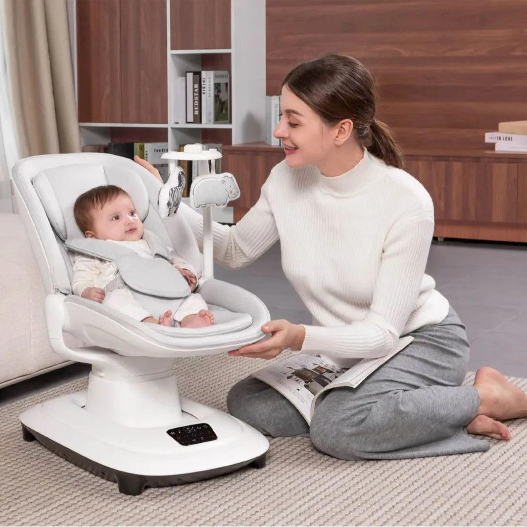 Chaise apaisante électrique connectée pour bébé – Transat à bascule de luxe avec application mobile (0–36 mois)