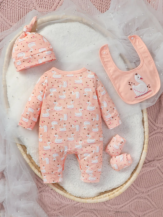 Ensemble Naissance 4 Pièces Rose – Grenouillère + Bavoir + Bonnet + Moufles | 0–6 Mois