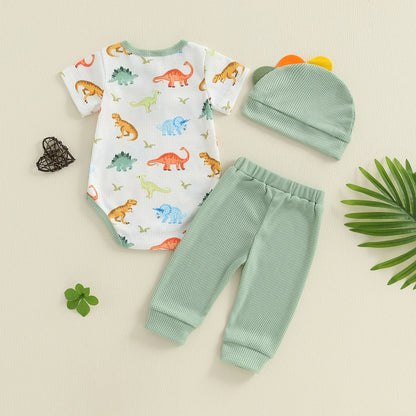 Ensemble bébé garçon été 3 pièces – Barboteuse manches courtes imprimée + pantalon uni + bonnet assorti