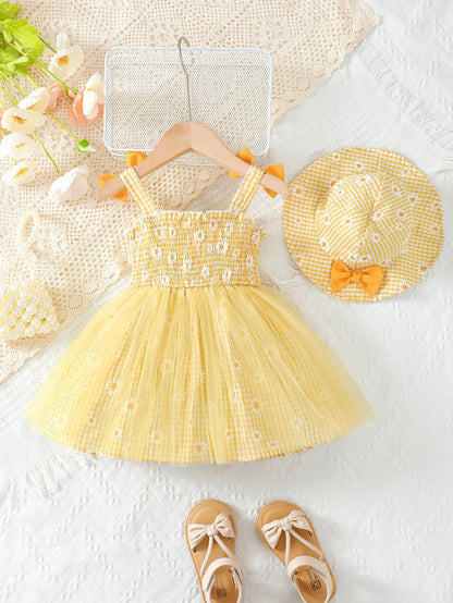 Ensemble Été Fille 2 Pièces – Robe Jaune “Marguerites” + Chapeau Assorti (1–2 ans)