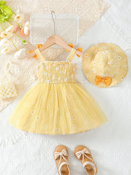 Ensemble Été Fille 2 Pièces – Robe Jaune “Marguerites” + Chapeau Assorti (1–2 ans)