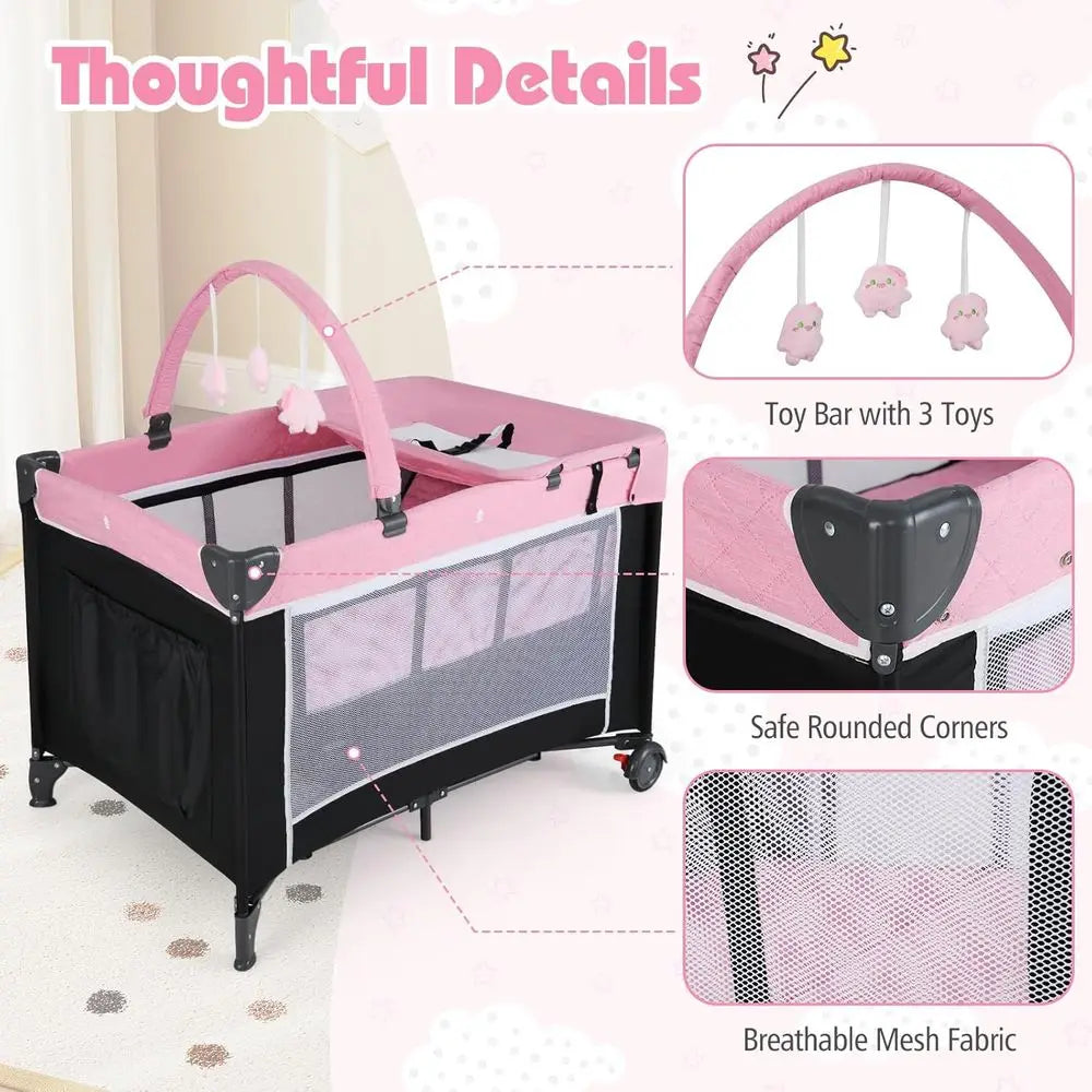 Parc pliant 4 en 1 avec couffin, changeur de couches et jouets pour bébés et tout-petits - Rose
