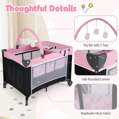 Parc pliant 4 en 1 avec couffin, changeur de couches et jouets pour bébés et tout-petits - Rose