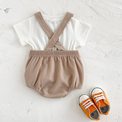 Ensemble bébé été salopette gaufrée arc-en-ciel – T-shirt + barboteuse