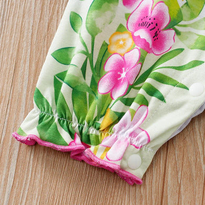 Barboteuse bébé fille – Motif faon tacheté & fleurs – Manches volantées – Confort été (0–12 mois)