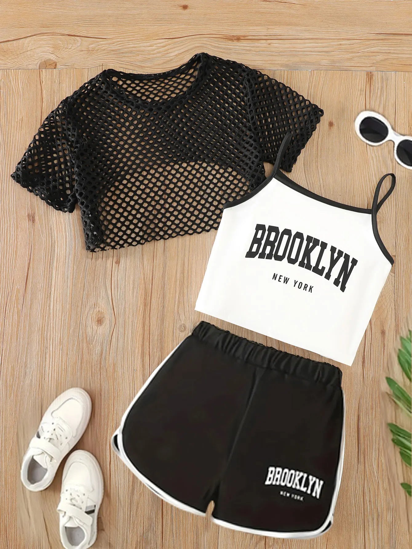 Ensemble 3 pièces d’été fille – Top mesh + Débardeur + Jupe/Short (7–13 ans)