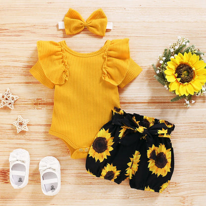 Tenue d’été bébé fille – Haut à manches volantées + short motif tournesols