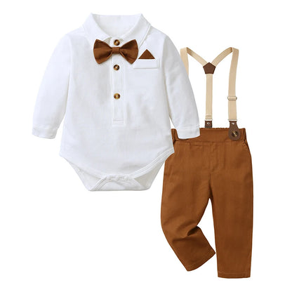 Ensemble bébé garçon vintage – Body, bretelles & pantalon (avec nœud papillon)