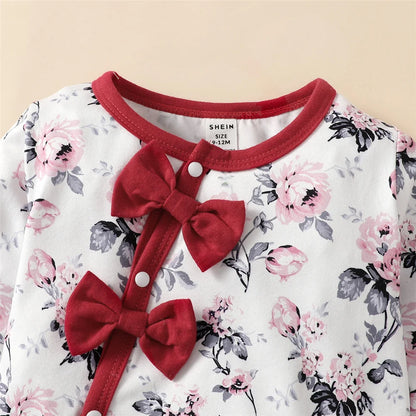 Grenouillère Bébé Fille Fleurie – Manches Longues, Nœud Chic | 0–18 Mois