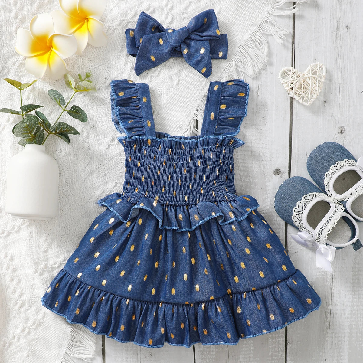 Robe bébé fille bleue à pois dorés – Tenue princesse élégante (3 à 24 mois)