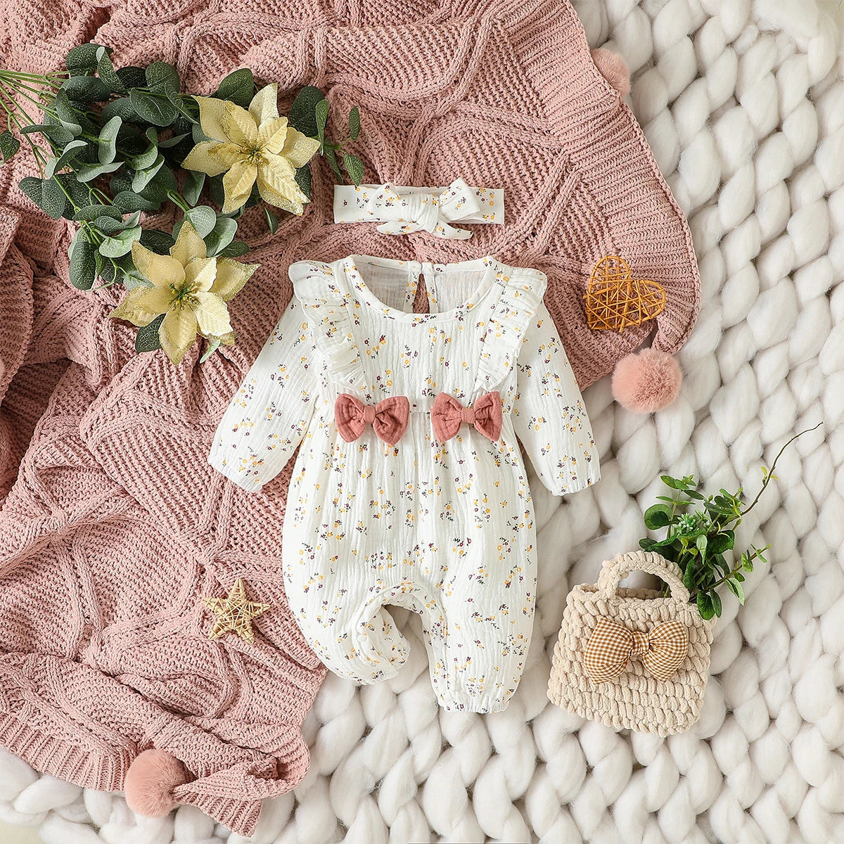 Combinaison Bébé Fille en Coton avec Nœud – Douce & Élégante