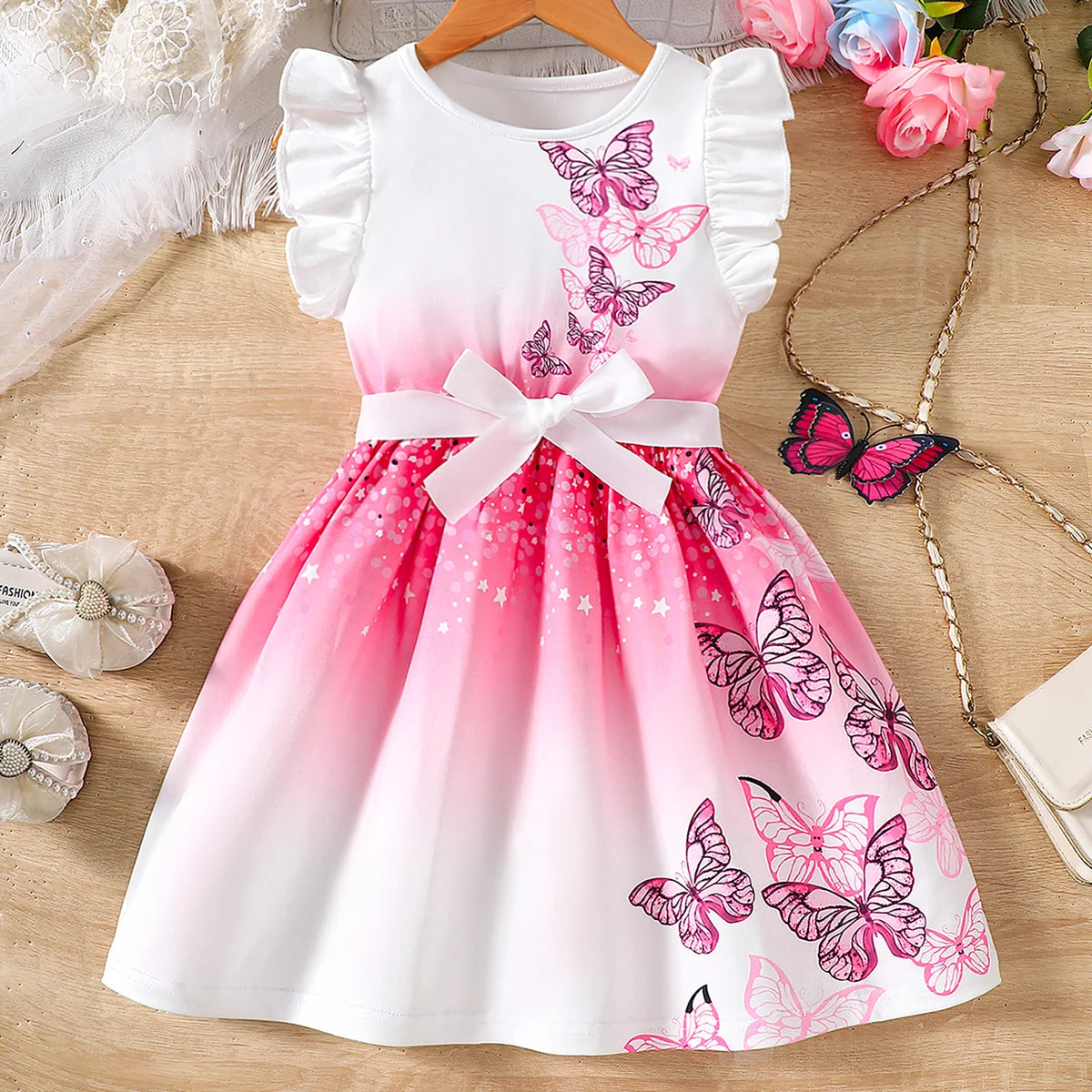 Robe Princesse Papillons Rose – Robe Élégante Printemps & Été pour Fille