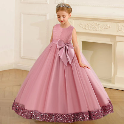 Robe Princesse Longue à Nœud Élégant – Cérémonie & Mariage pour Fille
