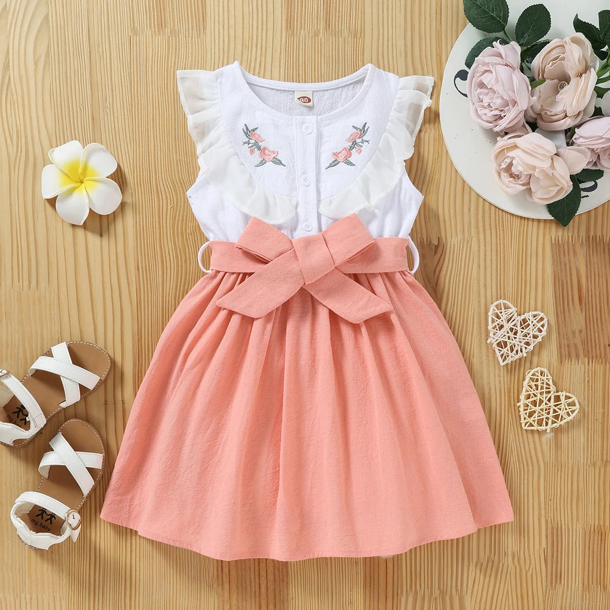 Robe Fille Brodée avec Nœud – Rose & Blanc, Look Fête (4–6 ans)