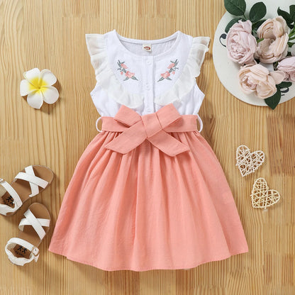 Robe Fille Brodée avec Nœud – Rose & Blanc, Look Fête (4–6 ans)