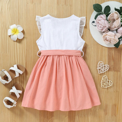 Robe Fille Brodée avec Nœud – Rose & Blanc, Look Fête (4–6 ans)