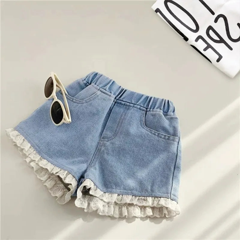 Short en jean coréen léger pour fille – Taille élastique & dentelle – Été