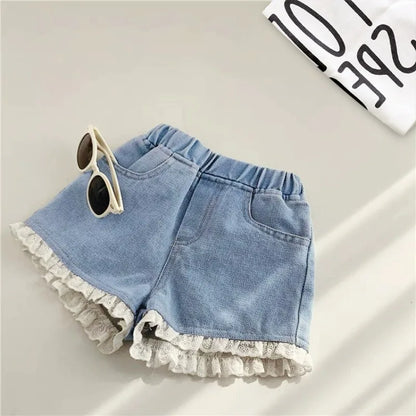 Short en jean coréen léger pour fille – Taille élastique & dentelle – Été