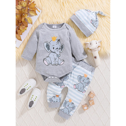 Ensemble bébé automne 2 pièces – Barboteuse imprimée manches longues & bonnet assorti (0 à 24 mois)