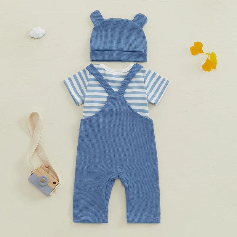 Ensemble Bébé 3 Pièces Élégance Éléphant – Barboteuse Rayée, Salopette et Bonnet (0-18 mois)
