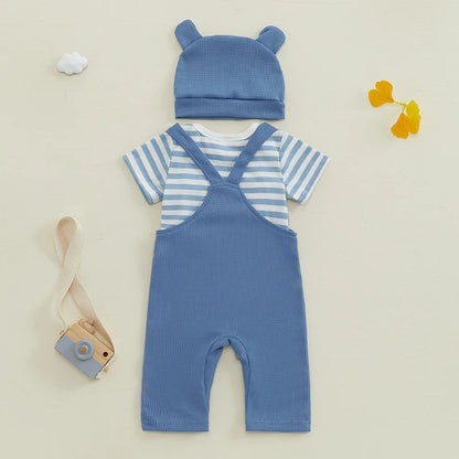 Ensemble Bébé 3 Pièces Élégance Éléphant – Barboteuse Rayée, Salopette et Bonnet (0-18 mois)