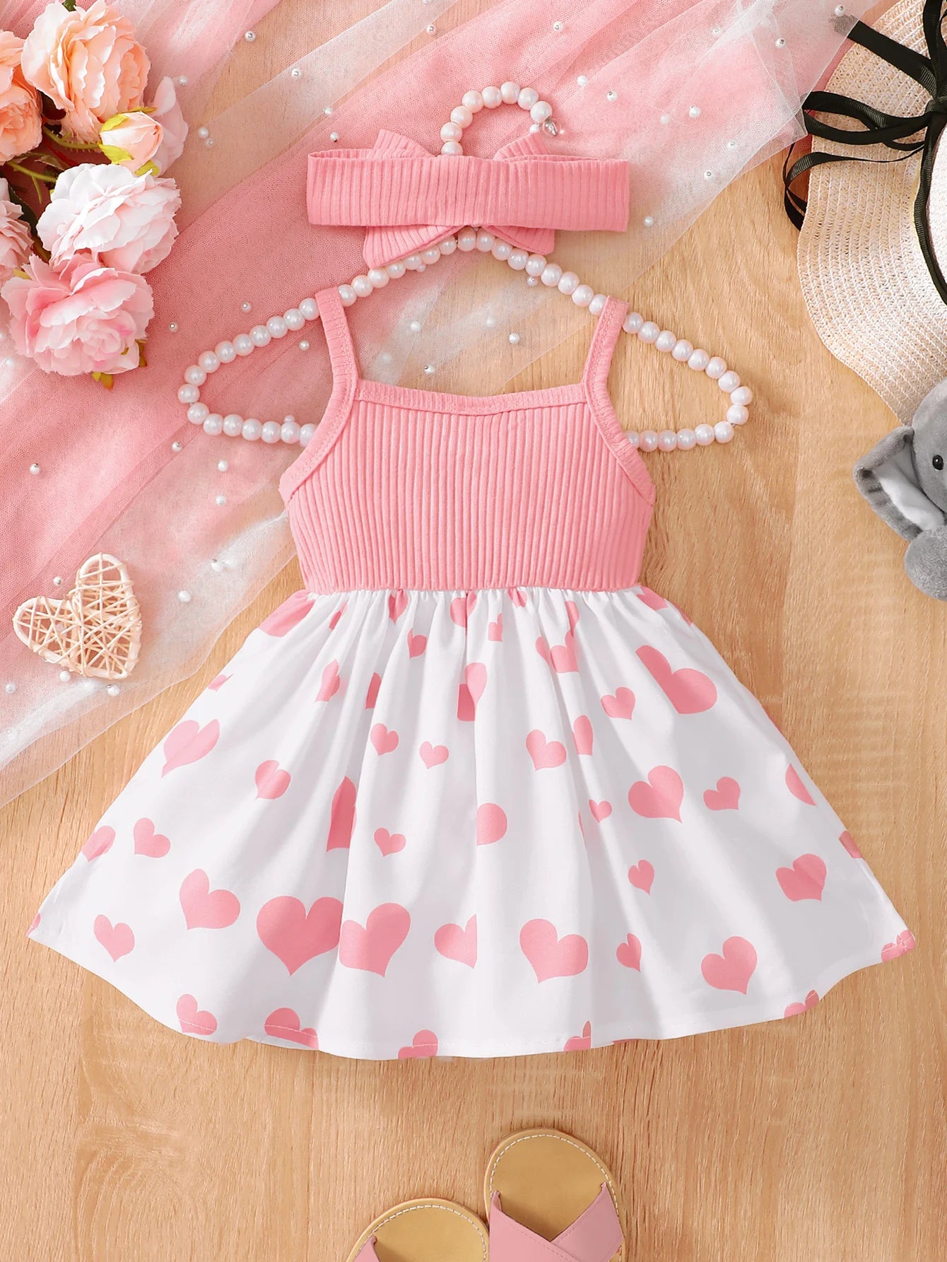Robe d’été bébé fille à bretelles – Motif cœur et éléphant mignon