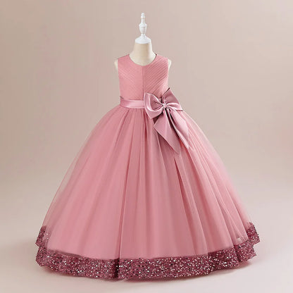 Robe Princesse Longue à Nœud Élégant – Cérémonie & Mariage pour Fille