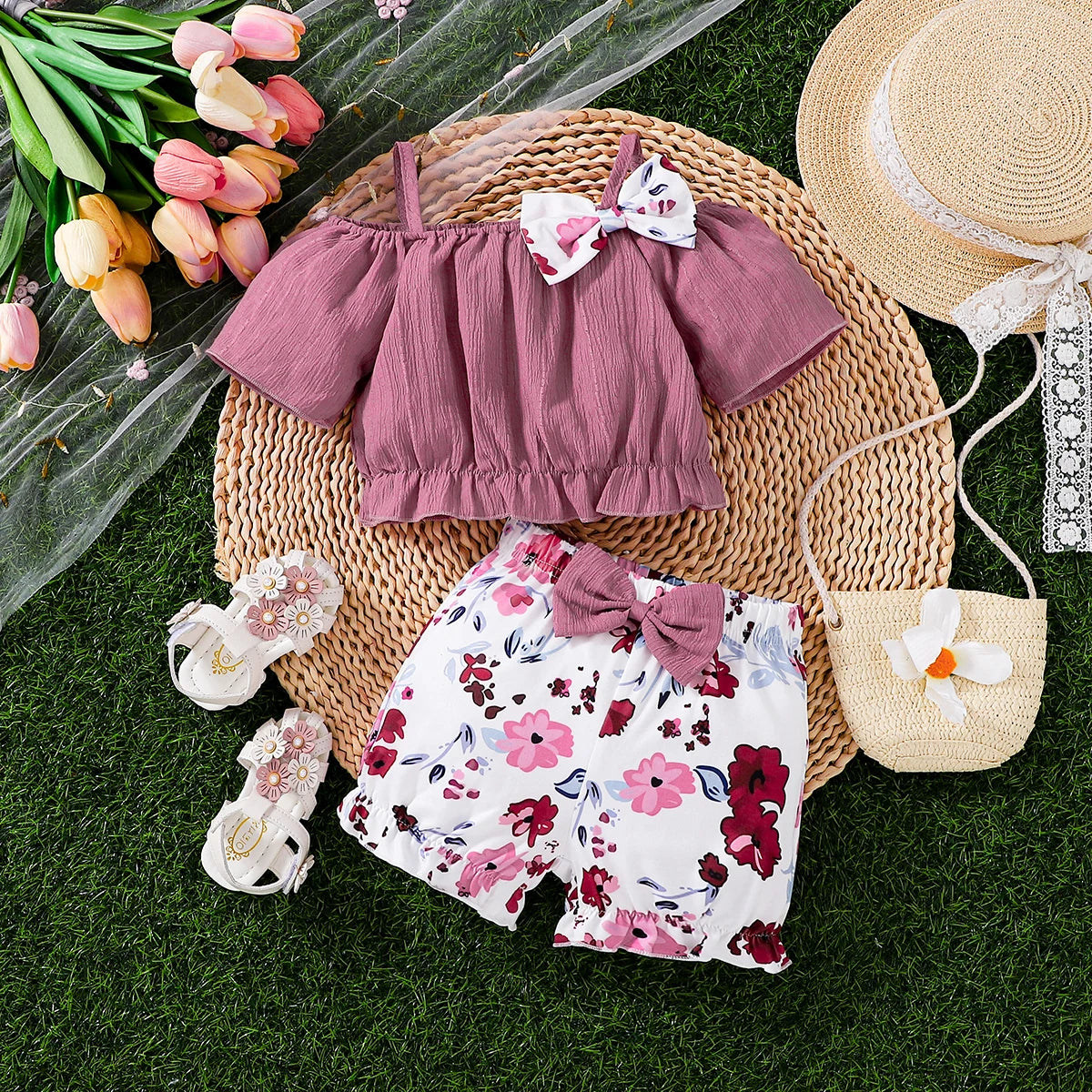 Ensemble Bébé Fleuri – Haut Mauve & Bas Imprimé Floral