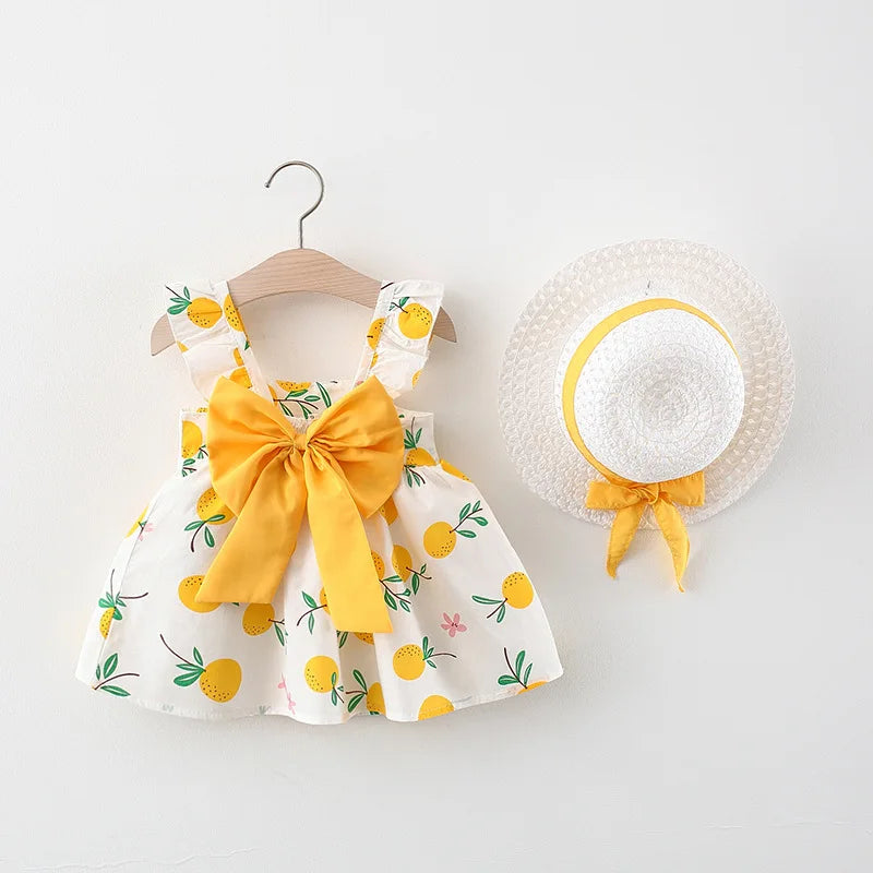 Ensemble Été Bébé Fille 2 Pièces – Robe à Bretelles Imprimé Fruits & Chapeau Assorti