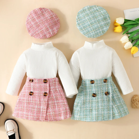 Ensemble bébé fille automne 2 pièces – Haut à manches longues & jupe à carreaux avec béret assorti (6 mois à 3 ans)