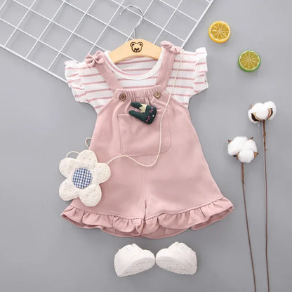 Ensemble Bébé Fille 2 Pièces – T-shirt Volants + Salopette Short Rose (0–12 mois)