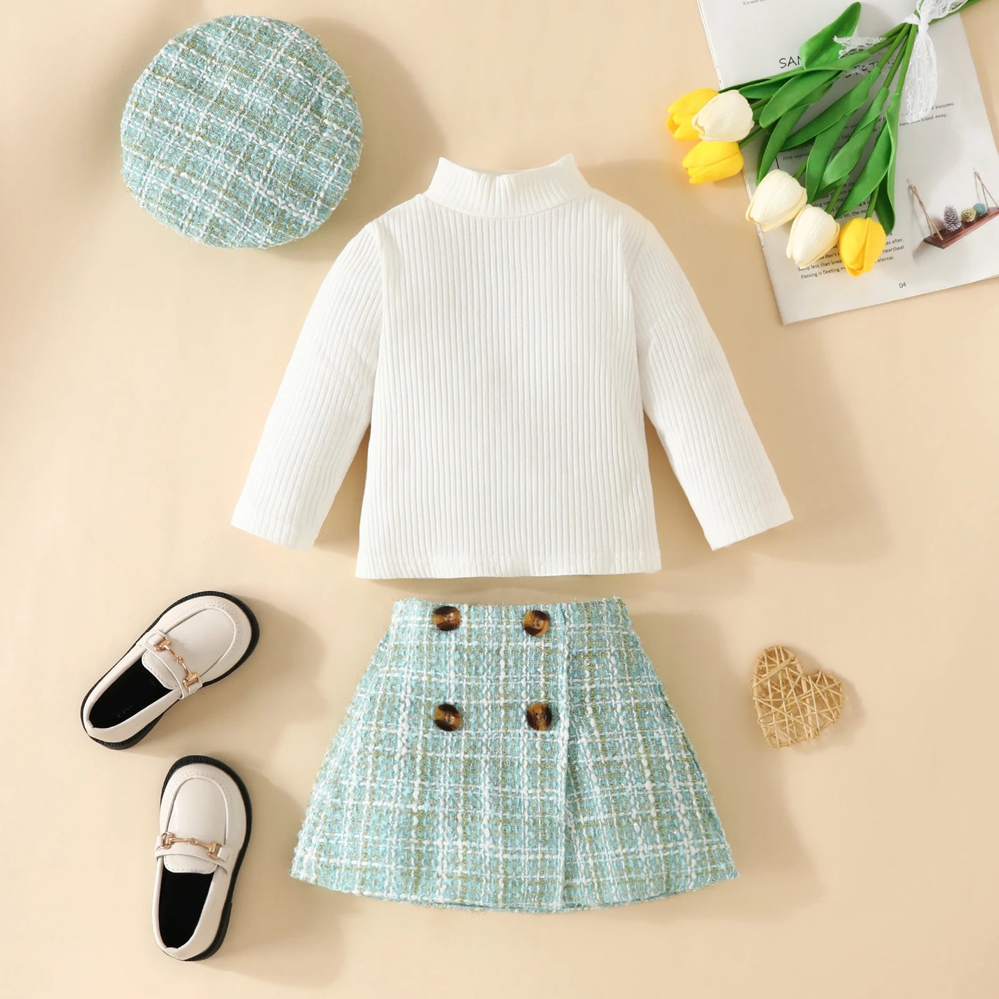 Ensemble bébé fille automne 2 pièces – Haut à manches longues & jupe à carreaux avec béret assorti (6 mois à 3 ans)