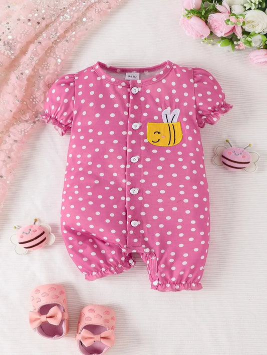 Combinaison d’été bébé fille à manches courtes – Motif pois & abeille – 3 à 24 mois