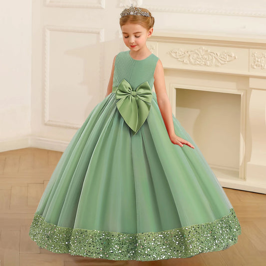 Robe Princesse Longue à Nœud Élégant – Cérémonie & Mariage pour Fille