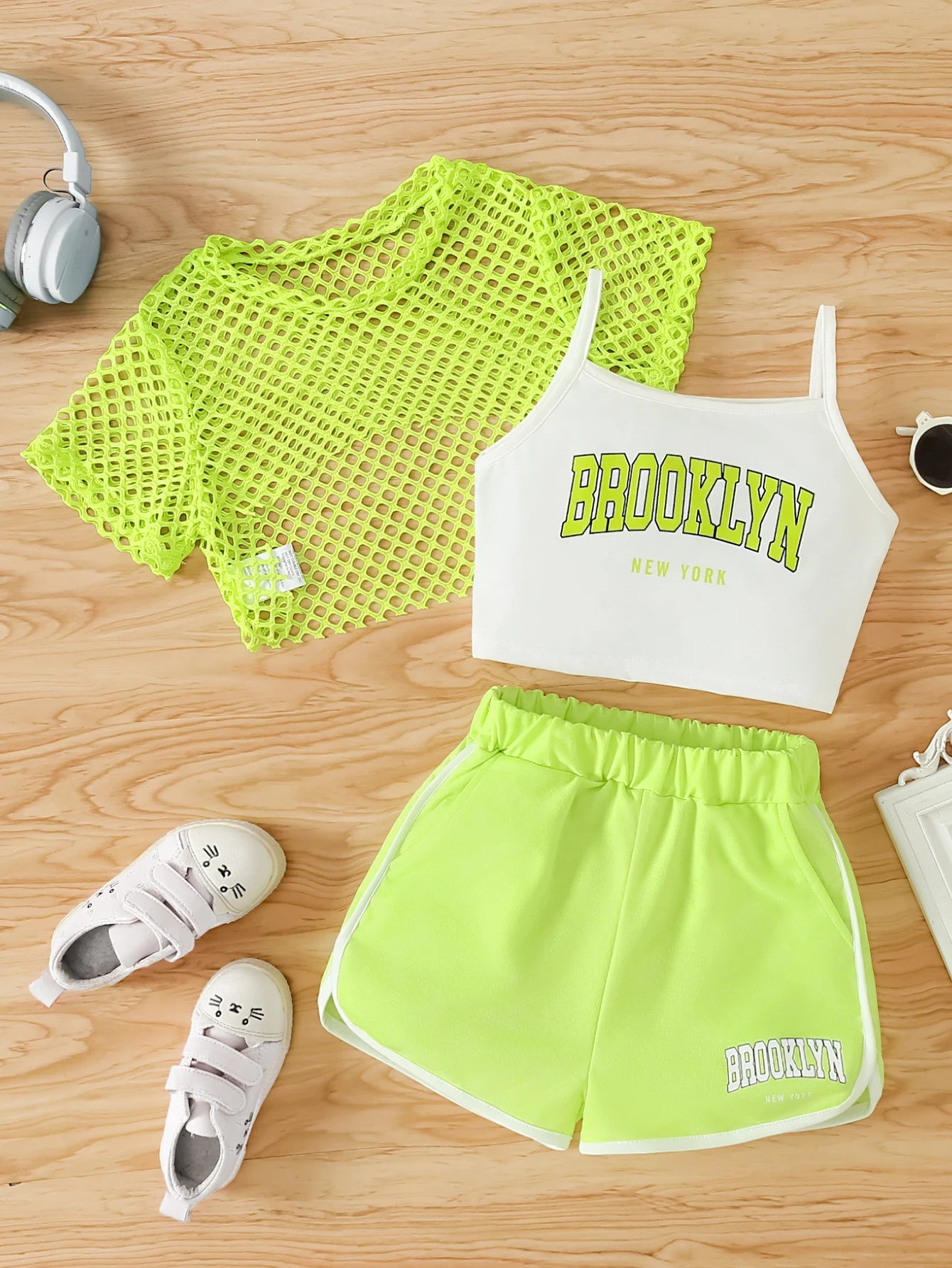 Ensemble 3 pièces d’été fille – Top mesh + Débardeur + Jupe/Short (7–13 ans)