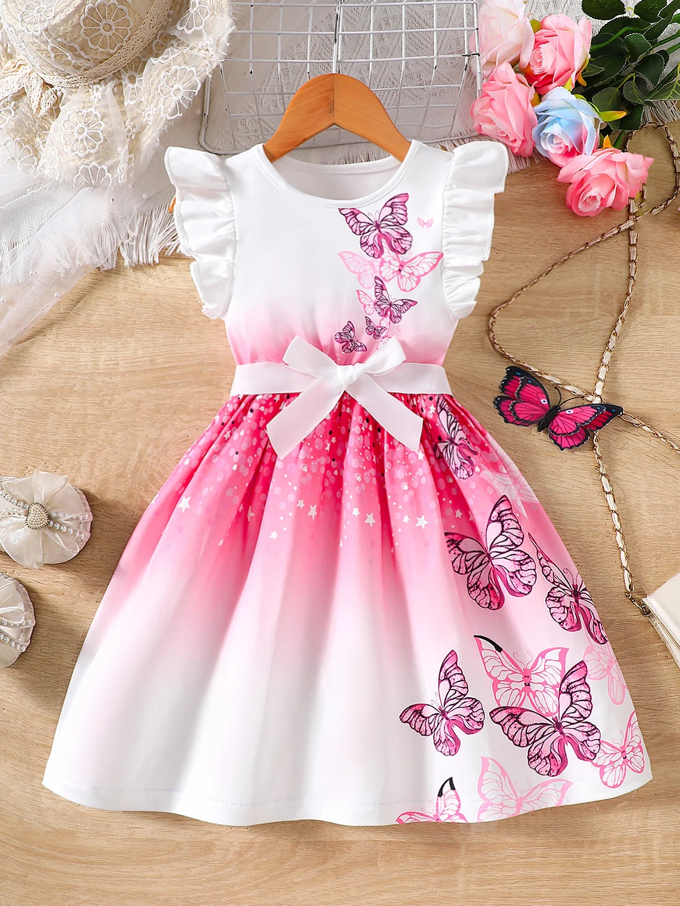 Robe Princesse Papillons Rose – Robe Élégante Printemps & Été pour Fille