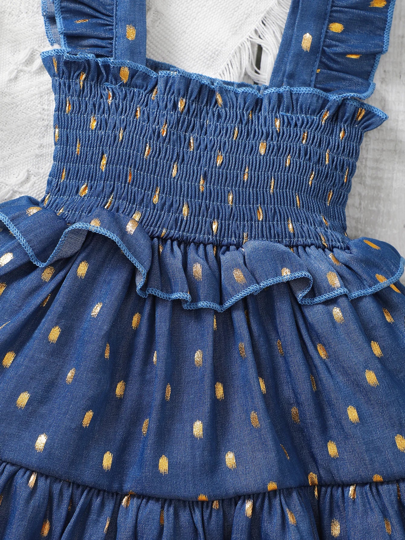 Robe bébé fille bleue à pois dorés – Tenue princesse élégante (3 à 24 mois)