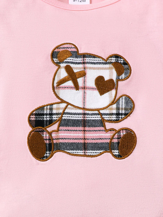 Ensemble Bébé Fille “Panda” – T-shirt Rose & Short à Carreaux (1–3 ans)