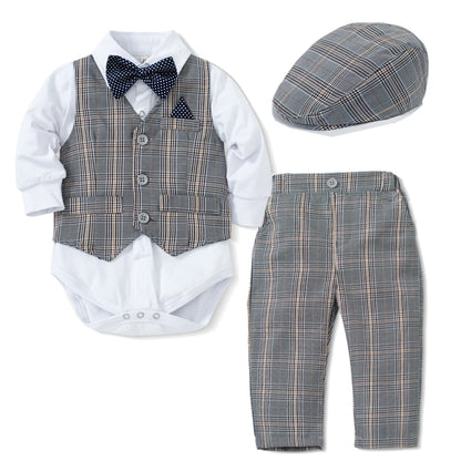 Costume pour bébé garçon, gilet à carreaux, chapeau, ensemble de 1er anniversaire, barboteuse à manches longues, tenue d'automne, vêtements pour nouveau-né de 3 à 24 mois