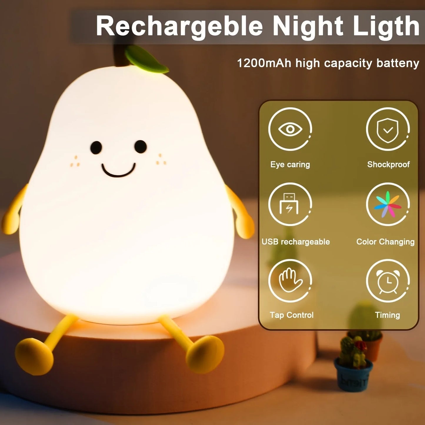 Veilleuse bébé poire en silicone tactile – Lampe de nuit douce 7 couleurs rechargeable