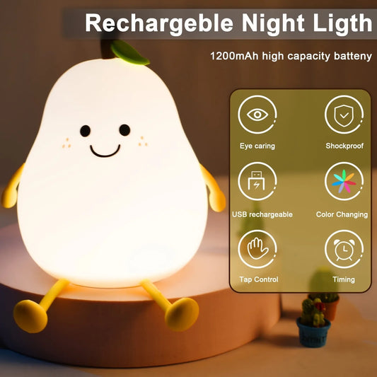 Veilleuse bébé poire en silicone tactile – Lampe de nuit douce 7 couleurs rechargeable
