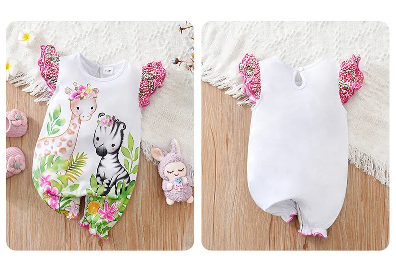 Barboteuse bébé fille – Motif faon tacheté & fleurs – Manches volantées – Confort été (0–12 mois)