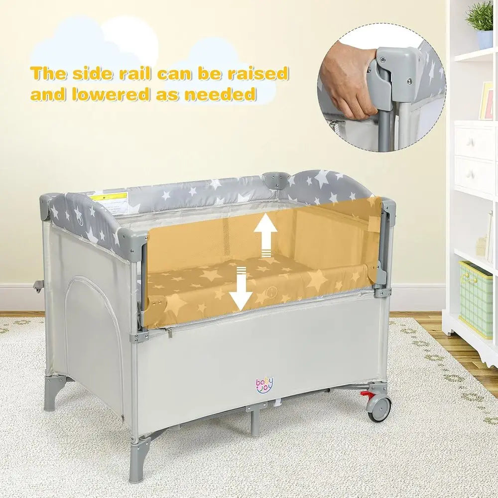 Jardin de jeu portable 5 en 1 avec couffin, table à langer, rangement, archet de jouets et boîte à musique (Beige)