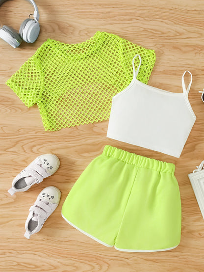 Ensemble 3 pièces d’été fille – Top mesh + Débardeur + Jupe/Short (7–13 ans)