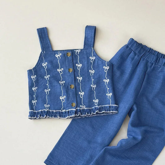 Ensemble Denim Chic 2 Pièces – Top Bretelles + Pantalon (Fille)