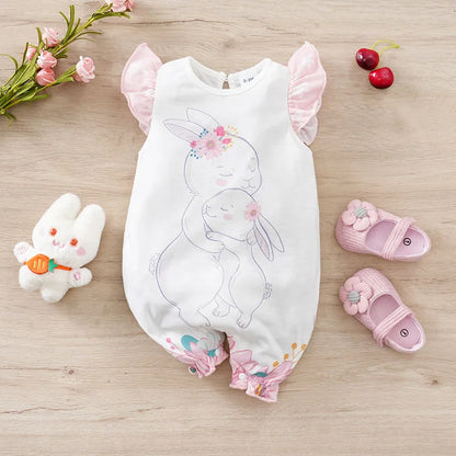 Barboteuse d’été bébé fille sans manches – Motif lapin – 0 à 18 mois